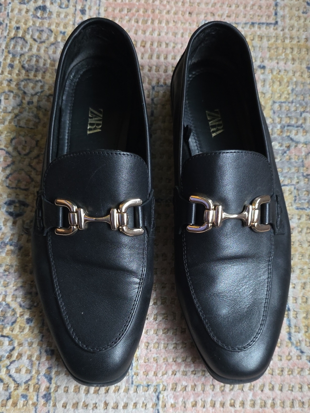 Zara Black Leather Loafers with Gold Horsebit